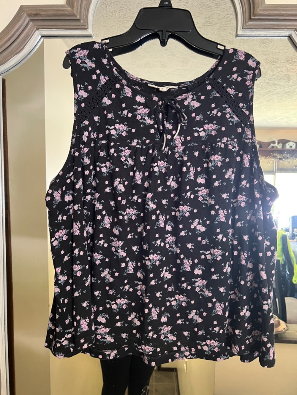 Lucky Brand Black Camisole with Pink Floral Print and Tie Neck